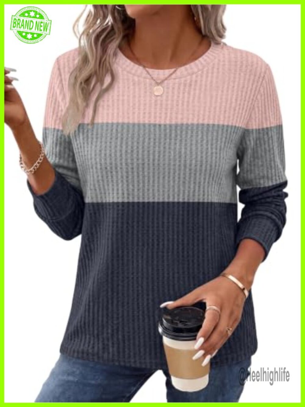 Waffle Knit Sweatshirt Crew Neck Long Sleeve Pullover Casual Fall Winter